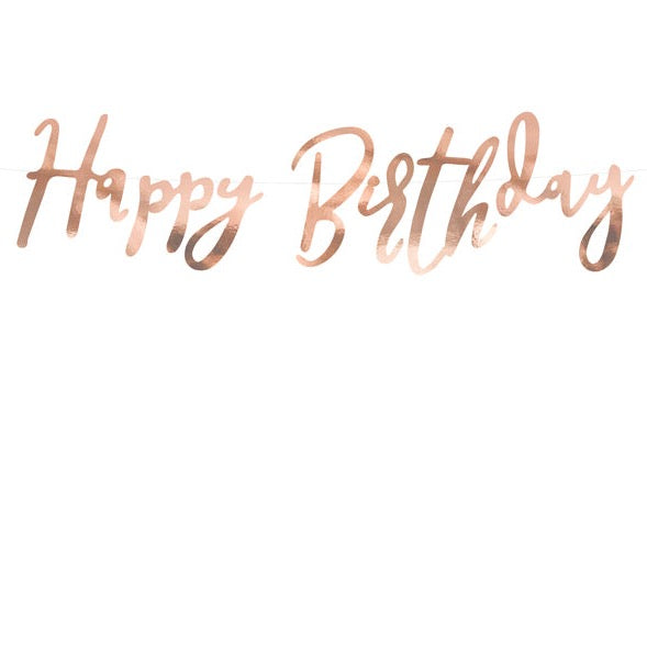 Banner napis Happy birthday, rose gold. Dekoracija za najboljšo rojstnodnevno zabavo.