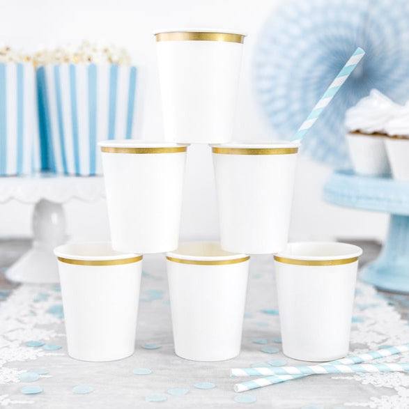 Papirnati kozarci beli z zlatim robom, Dekoracija za vsako zabavo, Rojstnodnevno praznovanje, dekliščina, baby shower