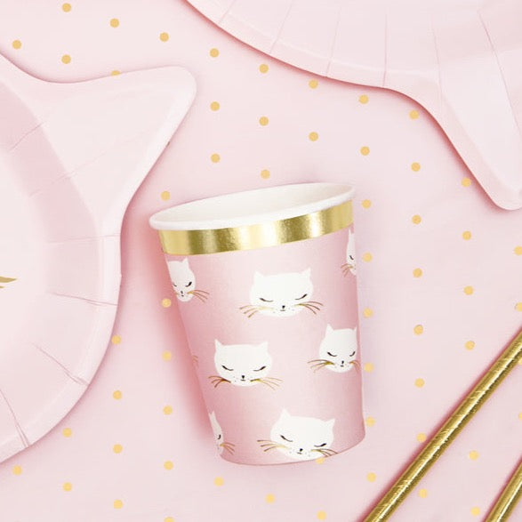 Papirnati kozarci z motivom muce, svetlo roza z zlatim robom, Kozarčki za pravo mačjo zabavo