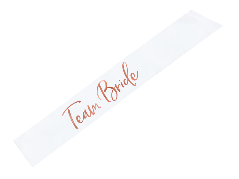 Lenta Team bride, lenta za dekliščino, bela lenta, rose gold napis, lente za vse udeleženke dekliščine