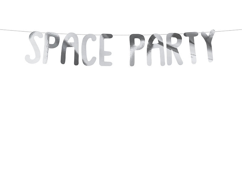 Banner Space party, napis na vrvici. Dekoracija za najboljšo vesoljsko zabavo.