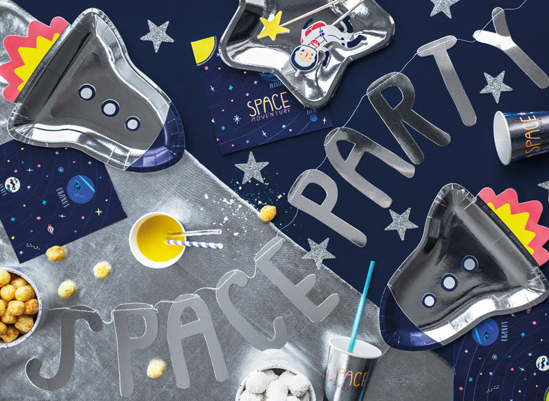 Banner Space party, napis na vrvici. Dekoracija za najboljšo vesoljsko zabavo.